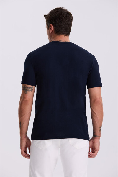 Lacivert %100 Pamuk Slim Fit Bisiklet Yaka Basic T-Shirt - 4