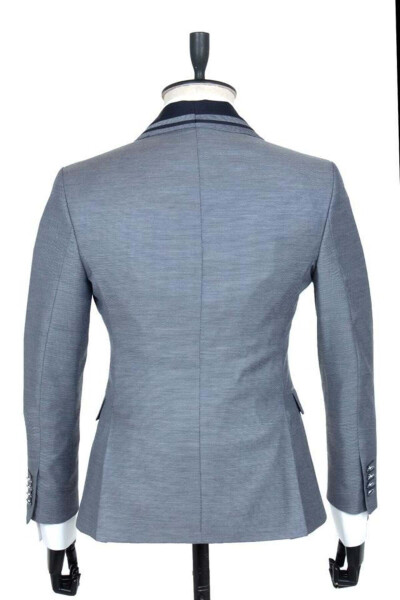 Lacivert Desenli Armürlü Mono Yaka Astarlı Yelekli 6 Drop Slim Fit Dar Kesim Smokin Damatlık 1001195 - 3