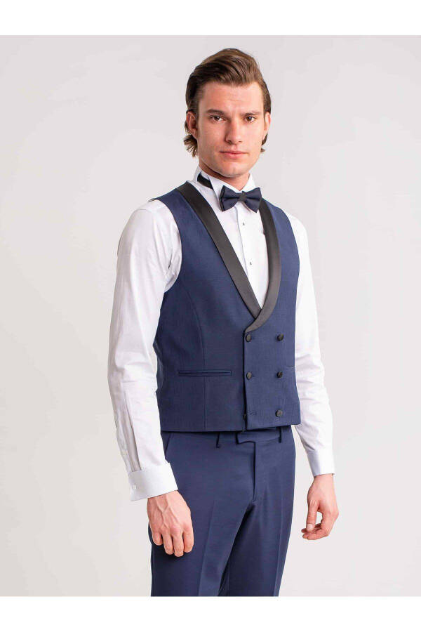 Lacivert Erkek Modern Fit Çizgili Şal Yaka Smokin Takım - 61328 - 1