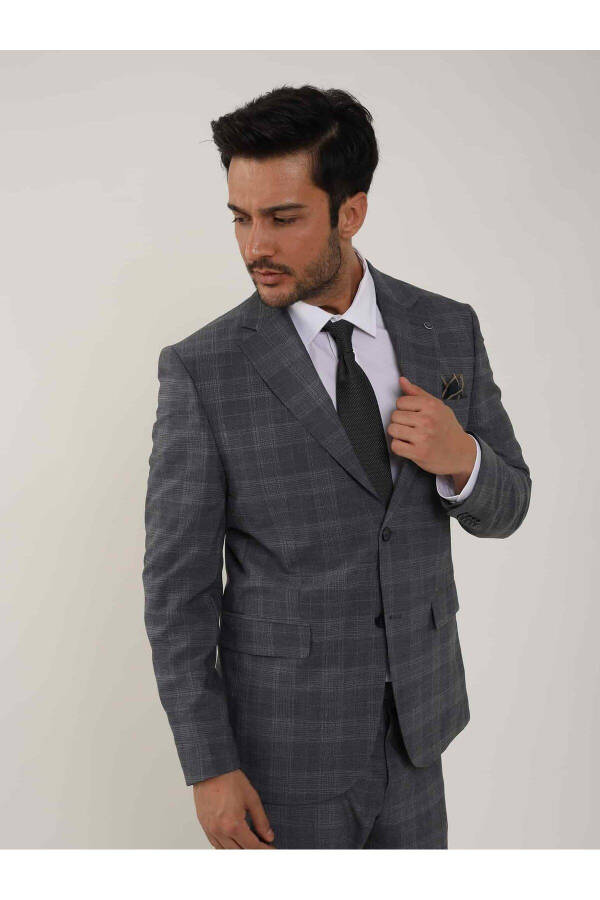 Lacivert Erkek Slim Fit Ekose Desenli Mono Yaka Takım Elbise - 95006 - 1