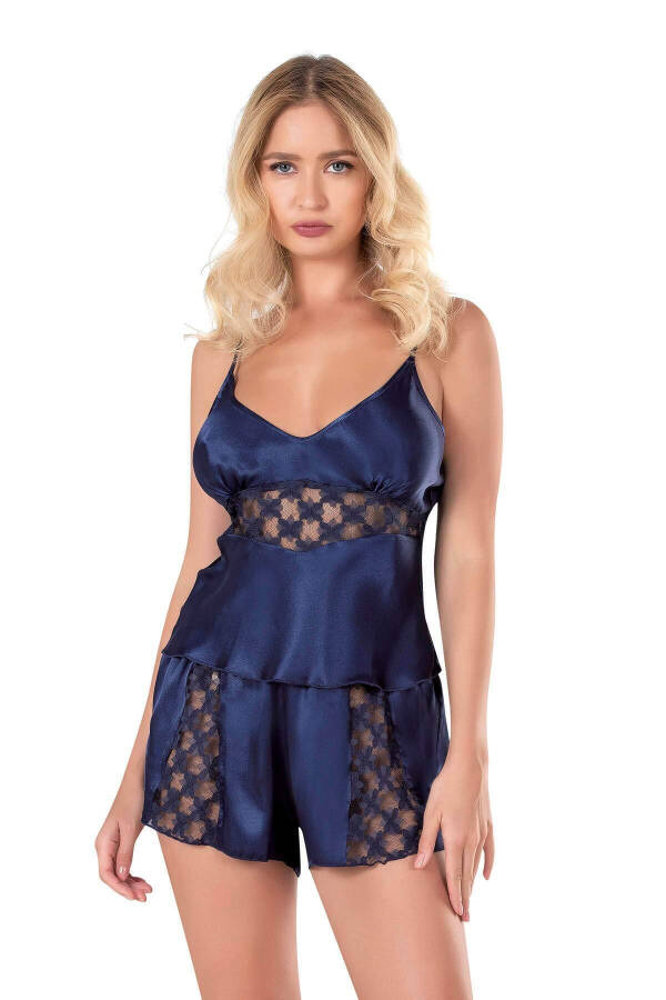 Lacivert Saten Babydoll Şort Takımı - 1