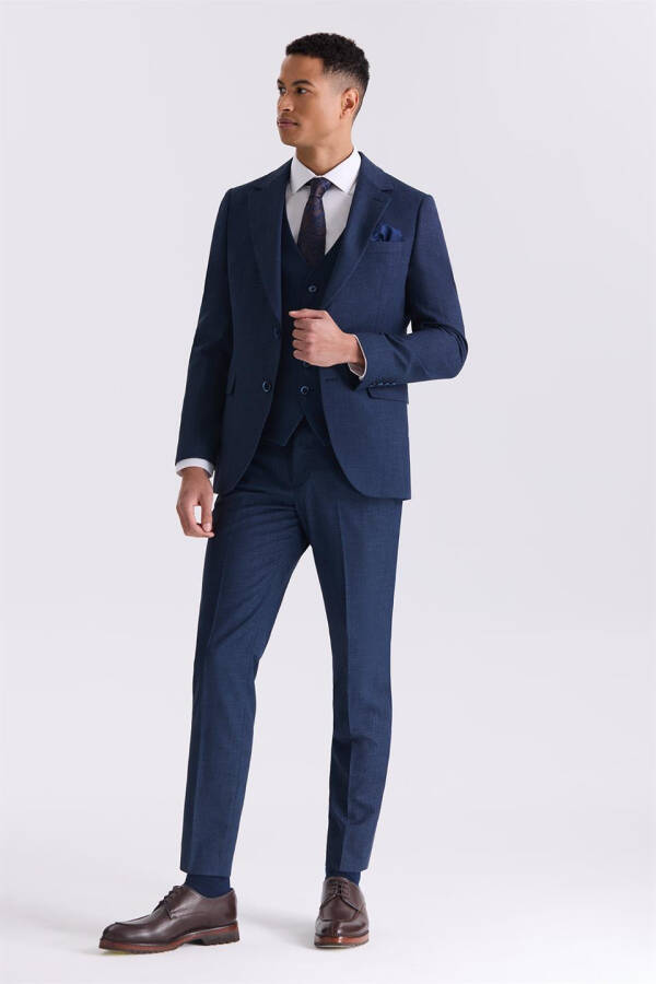 Lacivert Slim Fit Mono Yaka Yelekli Takım Elbise - 5