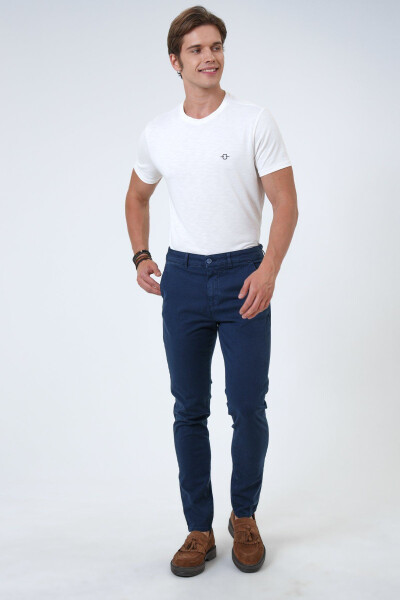 Lacivert Slim Fit Pamuklu Armürlü Chino Pantolon - 1