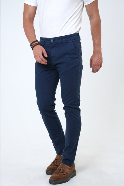 Lacivert Slim Fit Pamuklu Armürlü Chino Pantolon - 2