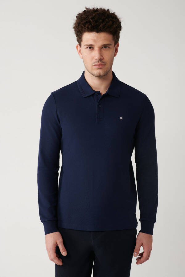 Lacivert Slim Fit Polo Yaka Sweatshirt - 3