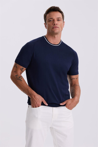 Lacivert Slim Fit Triko Bisiklet Yaka T-Shirt - 2