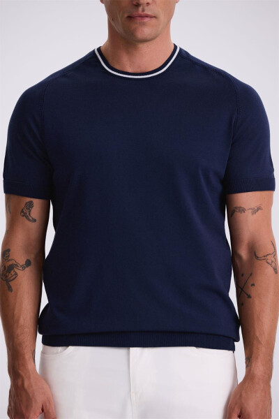 Lacivert Slim Fit Triko Bisiklet Yaka T-Shirt - 3