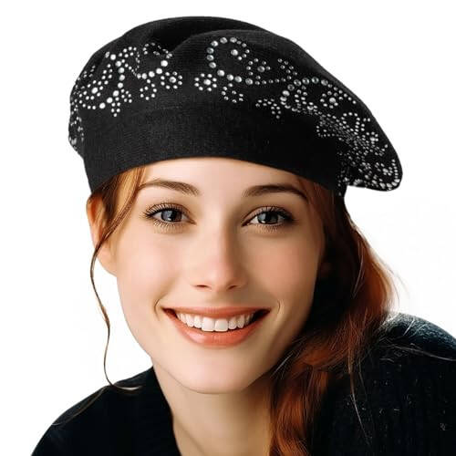 LADYBRO Rhinestone Beret Hats for Women 2 Layers Wool French Hat Lady Winter Black Red - 1