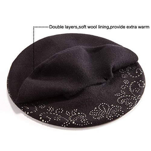 LADYBRO Rhinestone Beret Hats for Women 2 Layers Wool French Hat Lady Winter Black Red - 3