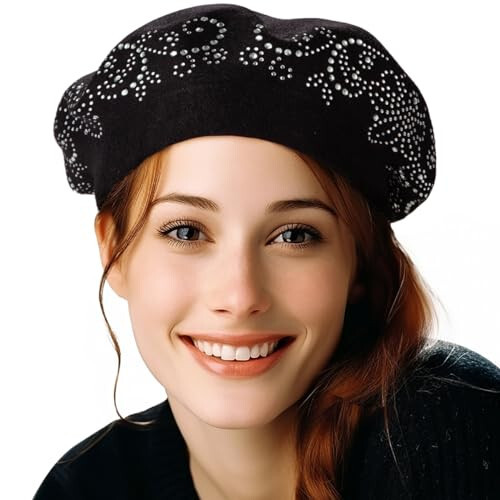 LADYBRO Rhinestone Beret Hats for Women 2 Layers Wool French Hat Lady Winter Black Red - 4