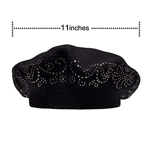 LADYBRO Rhinestone Beret Hats for Women 2 Layers Wool French Hat Lady Winter Black Red - 5