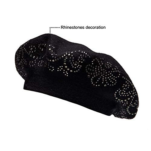 LADYBRO Rhinestone Beret Hats for Women 2 Layers Wool French Hat Lady Winter Black Red - 6