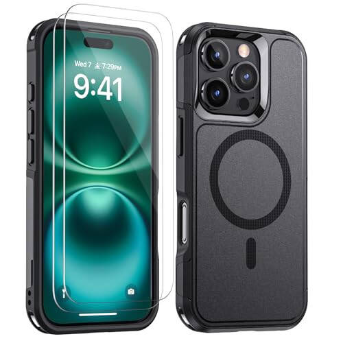 Lanhiem iPhone 16 Pro Case Magnetic, [2 Pack Tempered Glass Screen Protector][MagSafe Compatible][Military Grade Shockproof] Heavy Duty Tough Rugged Cover - Black - 1