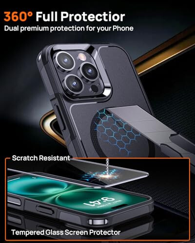 Lanhiem iPhone 16 Pro Case Magnetic, [2 Pack Tempered Glass Screen Protector][MagSafe Compatible][Military Grade Shockproof] Heavy Duty Tough Rugged Cover - Black - 7