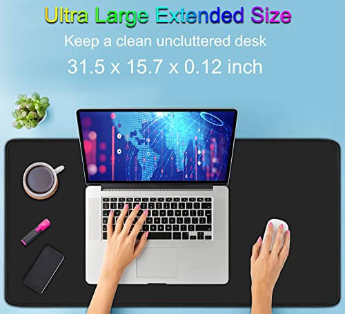 Large Extended Gaming Mouse Pad with Stitched Edges, (31.5X15.7In) Durable Non-Slip Natural Rubber Base, Waterproof Computer Keyboard Pad Mat for Esports Pros/Gamer/Desktop/Office/Home-Black - 2