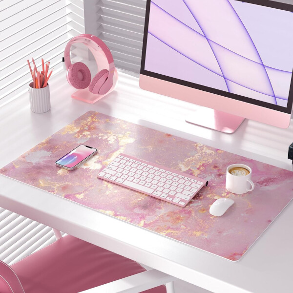 Large Mouse Pad, Cute Pink Desk Mat for Desktop, Women Girls PU Leather Waterproof Gaming, Rose Gold Marble Computer PC Laptop Protector Writing Pads for School Office Home 31.5