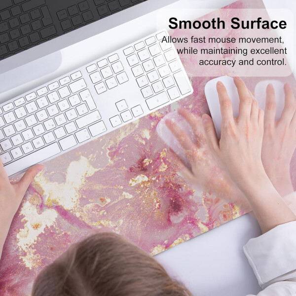 Large Mouse Pad, Cute Pink Desk Mat for Desktop, Women Girls PU Leather Waterproof Gaming, Rose Gold Marble Computer PC Laptop Protector Writing Pads for School Office Home 31.5