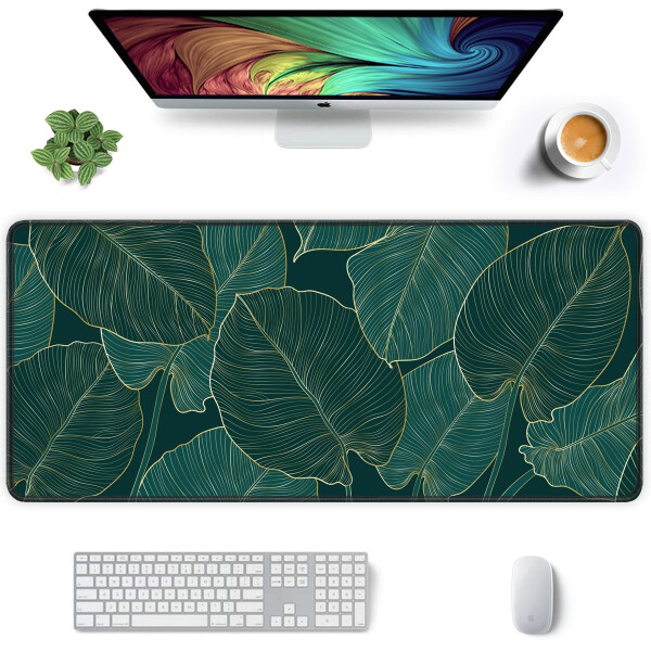 Large mouse pad, XXL extended gaming mousepad, waterproof desk pad with stitched edge, non-slip laptop computer keyboard mouse mat for office & home, Boho tropical leaves design. - 1