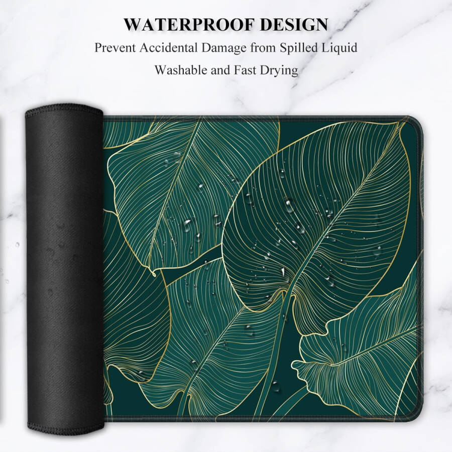 Large mouse pad, XXL extended gaming mousepad, waterproof desk pad with stitched edge, non-slip laptop computer keyboard mouse mat for office & home, Boho tropical leaves design. - 2