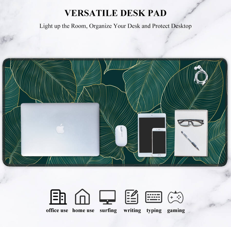 Large mouse pad, XXL extended gaming mousepad, waterproof desk pad with stitched edge, non-slip laptop computer keyboard mouse mat for office & home, Boho tropical leaves design. - 3