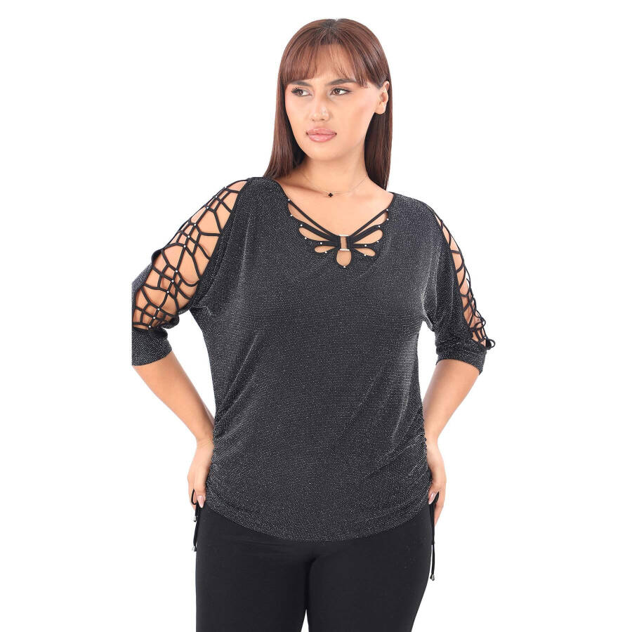 Large size, anthracite color, stone detailed, cage sleeve detailed blouse. - 1