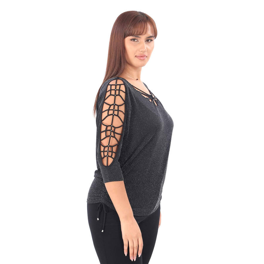 Large size, anthracite color, stone detailed, cage sleeve detailed blouse. - 2