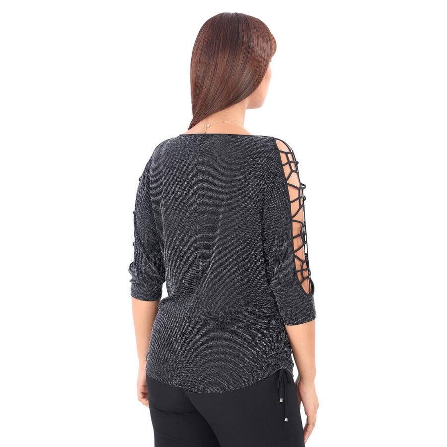 Large size, anthracite color, stone detailed, cage sleeve detailed blouse. - 4