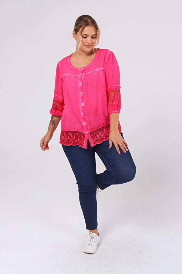 Large Size Blouse with Lace Detail Fuchsia-Pink - 1