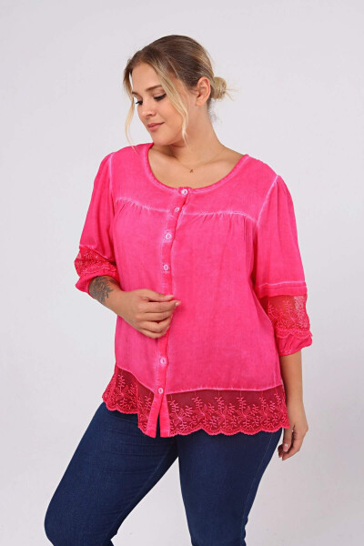 Large Size Blouse with Lace Detail Fuchsia-Pink - 2