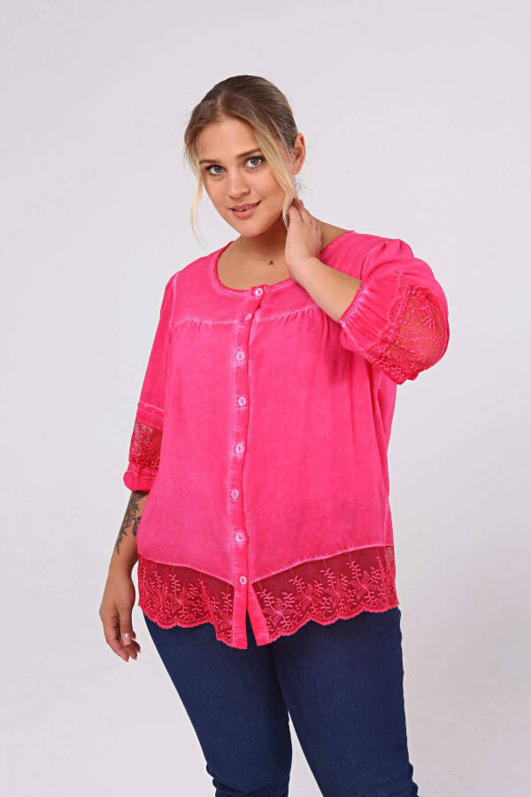 Large Size Blouse with Lace Detail Fuchsia-Pink - 3