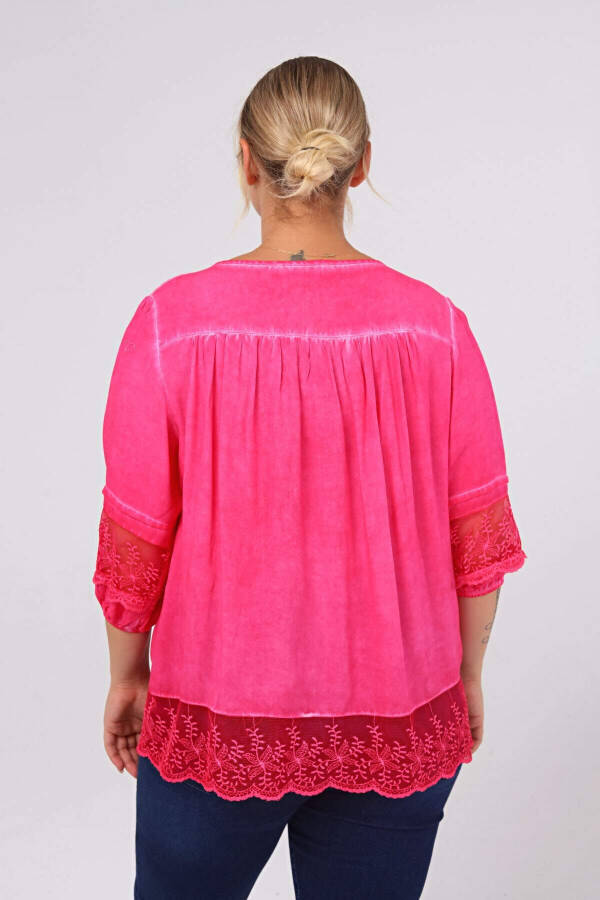 Large Size Blouse with Lace Detail Fuchsia-Pink - 4