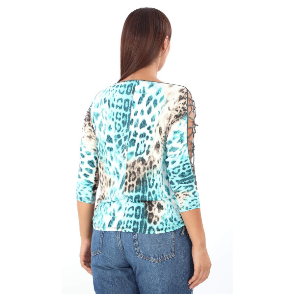 Large size, blue leopard print, stone detailed blouse. - 4