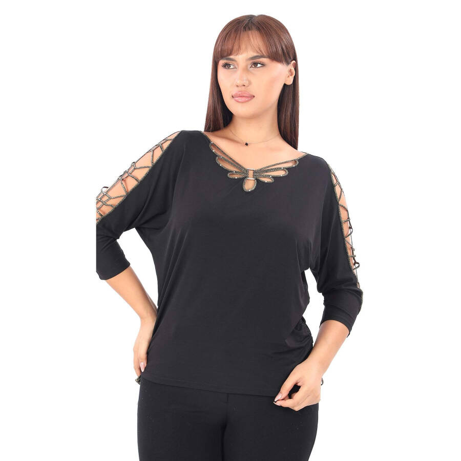 Large size, gold color, stone detailed, caged sleeve detailed blouse (6545) - 1