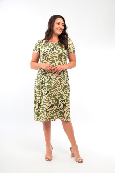 Large Size Lycra Dress with Pockets and Green Pattern - 11