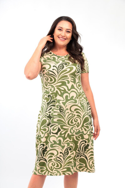 Large Size Lycra Dress with Pockets and Green Pattern - 6