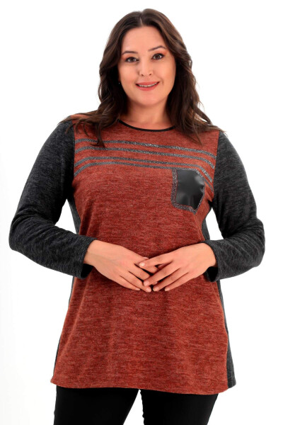 Large size, terracotta, stone printed blouse with leather pockets. - 1