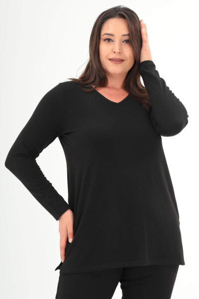 Large size, V-neck slit black blouse. - 1