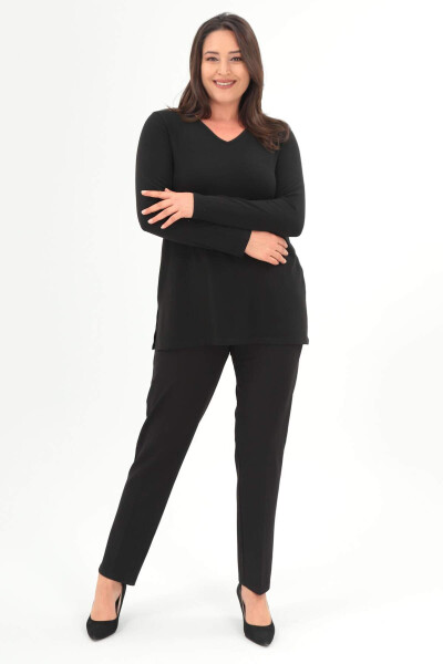 Large size, V-neck slit black blouse. - 2