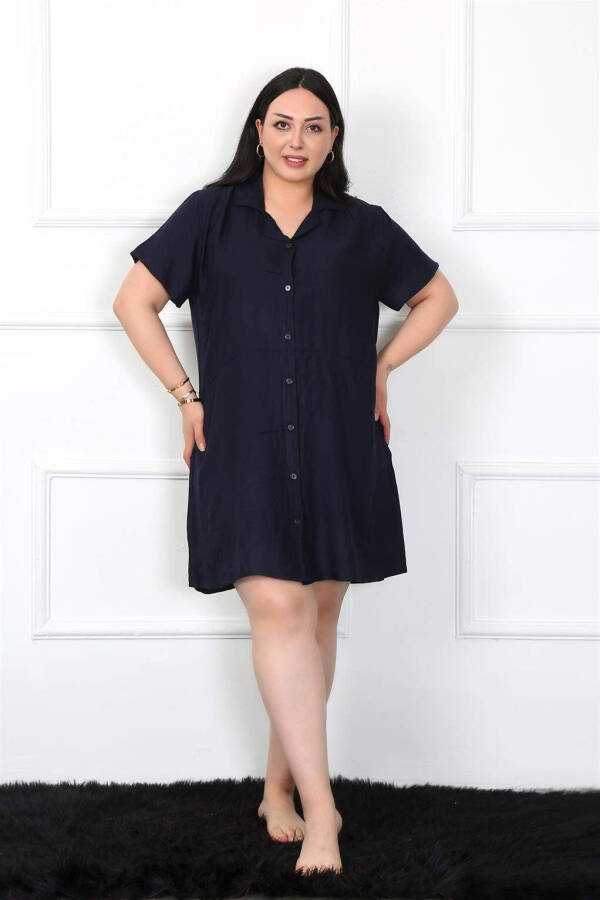 Large Size Woven Buttoned Navy Tunic Nightgown 1022 - 1