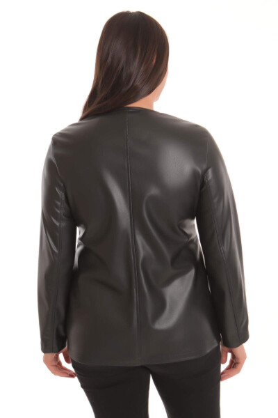 Large Size Zippered Black Leather Jacket - 7