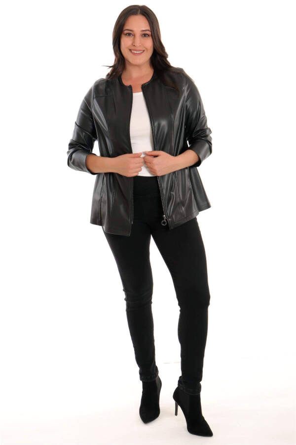 Large Size Zippered Black Leather Jacket - 9