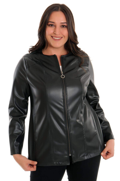 Large Size Zippered Black Leather Jacket - 10