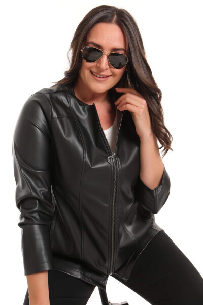 Large Size Zippered Black Leather Jacket - 11