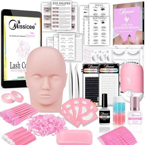 Lash Eyelash Extension Kit, Professional Mannequin Head Eyelash Grafting Training Tools False Eyelash Extensions Practice Exercise Set for Beginners with Inpidual Lashes Glue Tweezers Lash Fan Dryer - 1