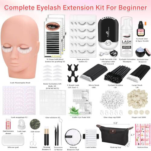 Lash Kit for Eyelash Extension Beginners Eyelash Extension Kit with Lash Mannequin Head, Eyelash Extension Practice Starter Kit with Everything USB Fan Lash Glue False Eyelash Lash Shampoo - 2