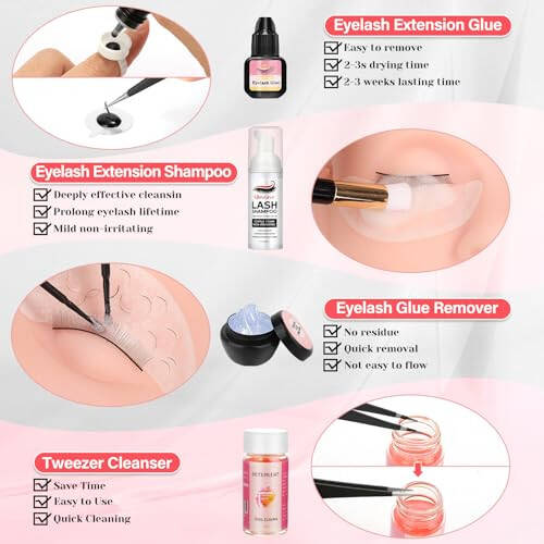 Lash Kit for Eyelash Extension Beginners Eyelash Extension Kit with Lash Mannequin Head, Eyelash Extension Practice Starter Kit with Everything USB Fan Lash Glue False Eyelash Lash Shampoo - 3