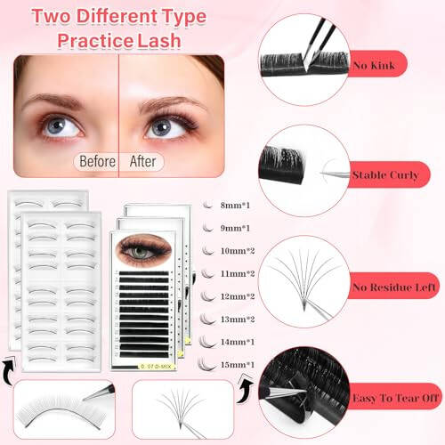 Lash Kit for Eyelash Extension Beginners Eyelash Extension Kit with Lash Mannequin Head, Eyelash Extension Practice Starter Kit with Everything USB Fan Lash Glue False Eyelash Lash Shampoo - 4