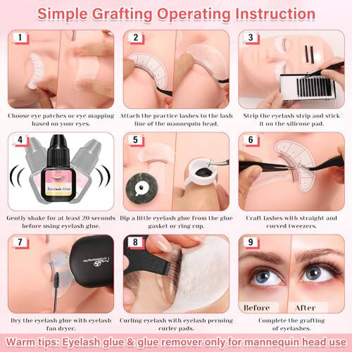 Lash Kit for Eyelash Extension Beginners Eyelash Extension Kit with Lash Mannequin Head, Eyelash Extension Practice Starter Kit with Everything USB Fan Lash Glue False Eyelash Lash Shampoo - 7