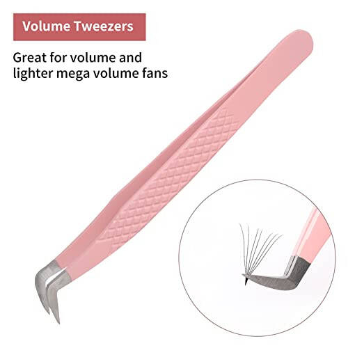 Lash Tweezers for Eyelash Extensions for Volume and Lighter Mega Volume Fans Professional Precision Stainless Steel Lash Extension Tweezers Curved Boot Angled Tips - 2