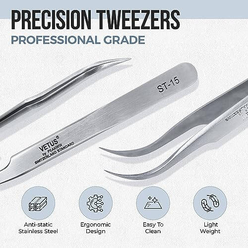 LASHVIEW Lash Tweezer, Vetus Curved Eyelash Tweezers for Professional Grafting Eyelash Extension, Stainless Steel Needle Nose Tweezers for Lash Extension Stickers Precision Electronics, ST15 - 2